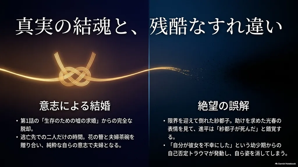ホタルの嫁入り76話から78話で進平と紗都子が結婚し誤解によって別離するまでの流れ