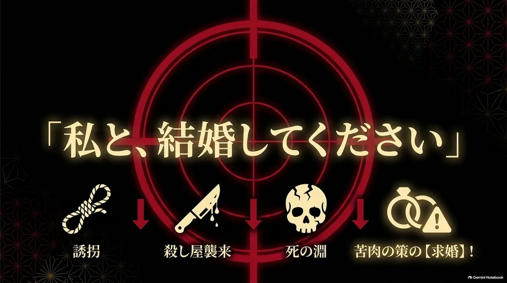 誘拐され命を狙われた紗都子が殺し屋の進平へ結婚を申し込む展開